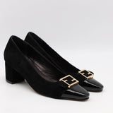 ESCARPINS EN DAIM CUIR ET BOUT POINTU EN CUIR VERNIS
