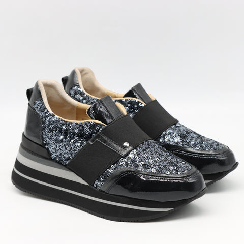 BASKETS COMPENSÉES EN CUIR À PAILLETES