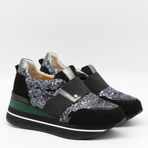 BASKETS COMPENSÉES EN CUIR À PAILLETES