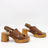 SANDALES EN DAIM CUIR À TALONS EFFET BOIS